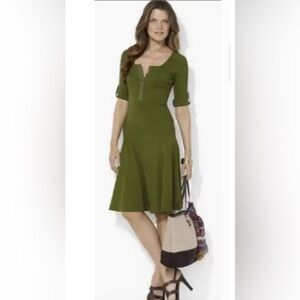 Lauren Ralph Lauren Fit+Flare Button Front 1/2 Sleeve Henley Dress Green ZB6